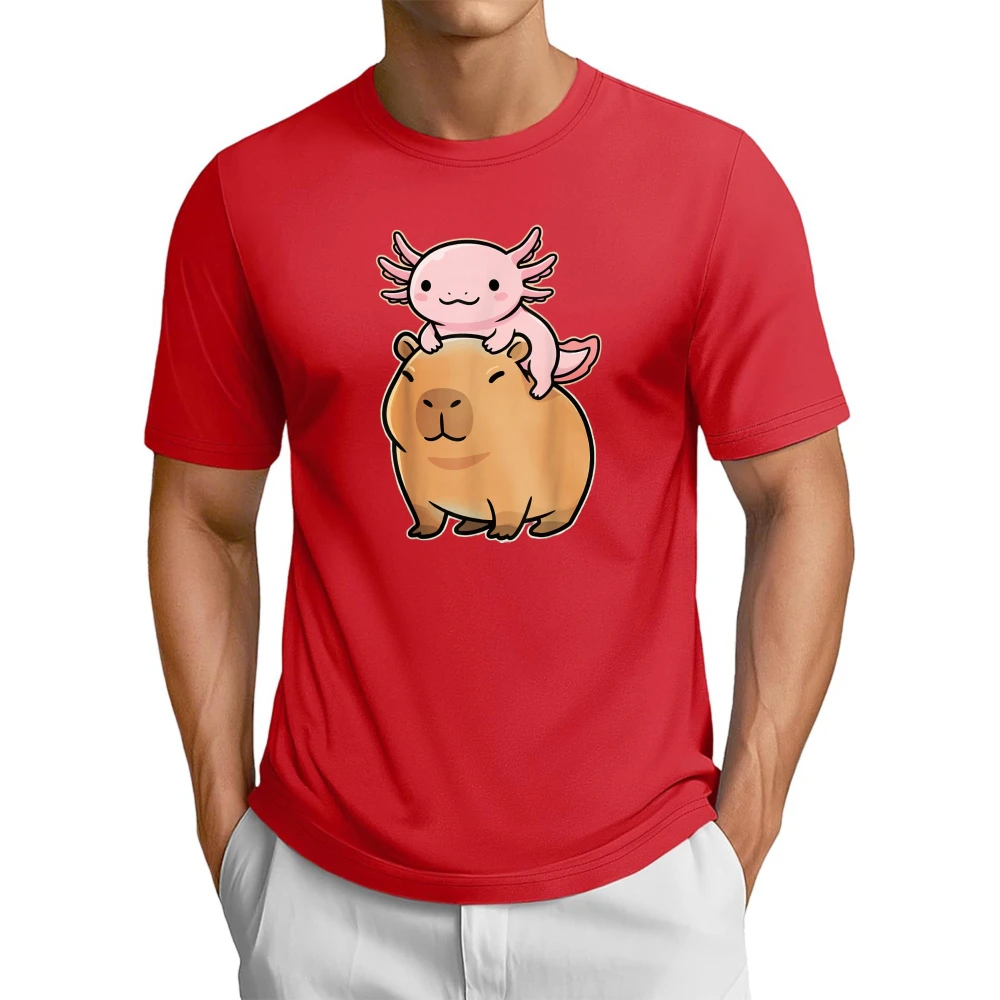T-shirt imprimé avec motif d'animaux kawaii Capybara Axolotl, pour homme et femme, manches courtes, décontracté, tendance, ample, Harajuku, en coton