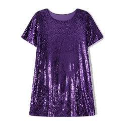 WPNAKS Women Sequins Dress Evening Party Summer Clothes Luxury Crew Neck Short Sleeve Loose Mini Dress Sexy Club