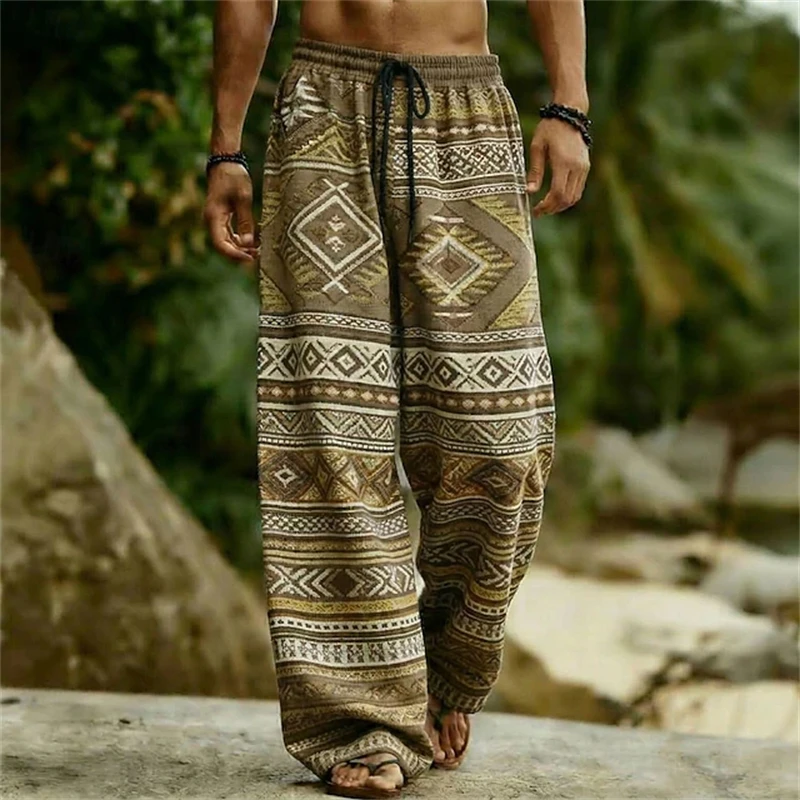 2026 Men's Retro Bohemian-Style Wide-Leg Pants Plus Size Loose-Fit Long Pants Fashionable Casual Beach Pants Men's Long Pants