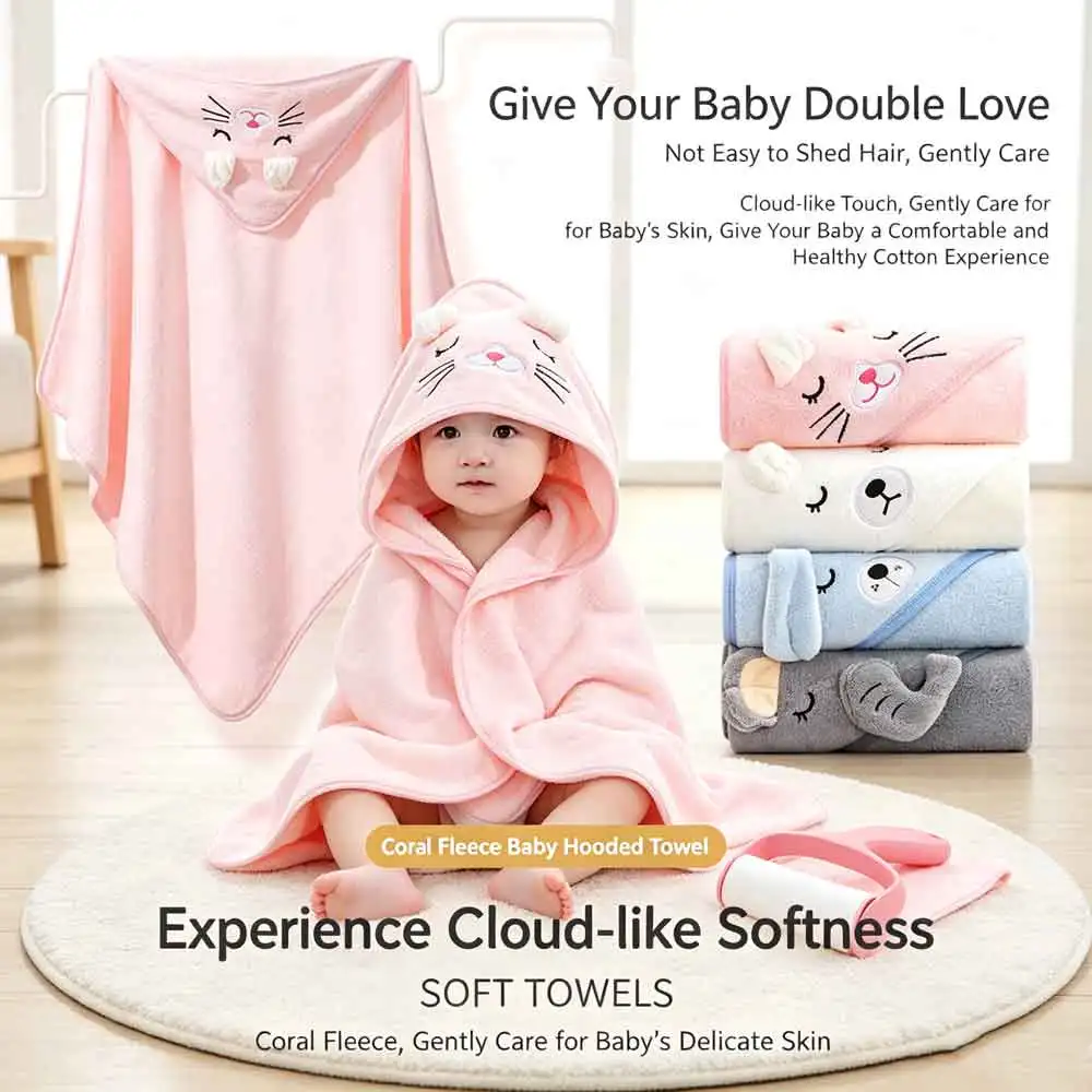 vvocci Bathrobe Toddler Infant Bath Towel Blankets Swaddle With Hood Cartoon Coral Fleece Towel Blanket Newborn Kids Bedding