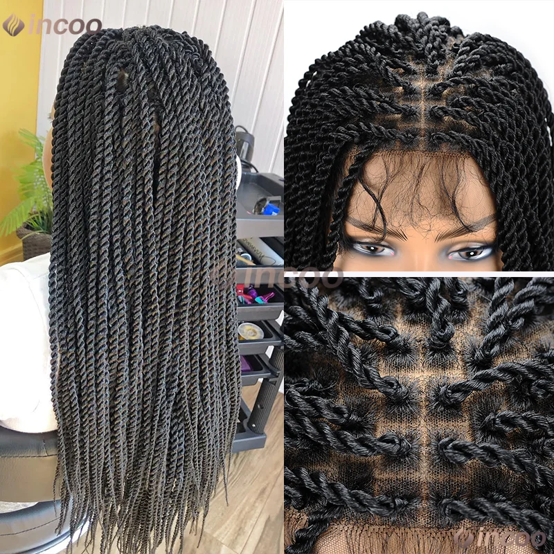 السنغالية تويست الضفائر Knotless صندوق تجديل شعر مستعار للنساء السود الدانتيل الجبهة الباروكات الضفائر الأفريقية HD الدانتيل الباروكات بيروكات صناعية