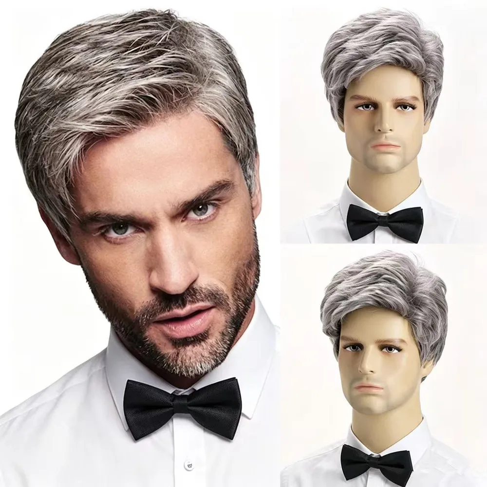 Men's Short Silver Gray Synthetic Wig Natural Layered Wavy Hair Wig for Men Daily Cosplay Party Halloween Costume