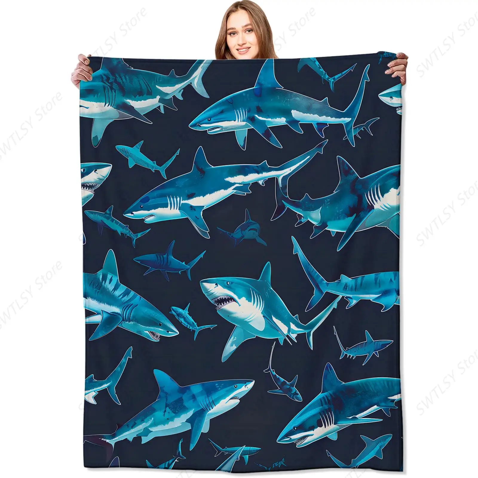 Blue Shark Blanket,Vibrant Deep Sea Sharks Throw Blankets,Gifts for Kids & Marine Life Lovers,Lightweight Soft Fleece,for Picnic