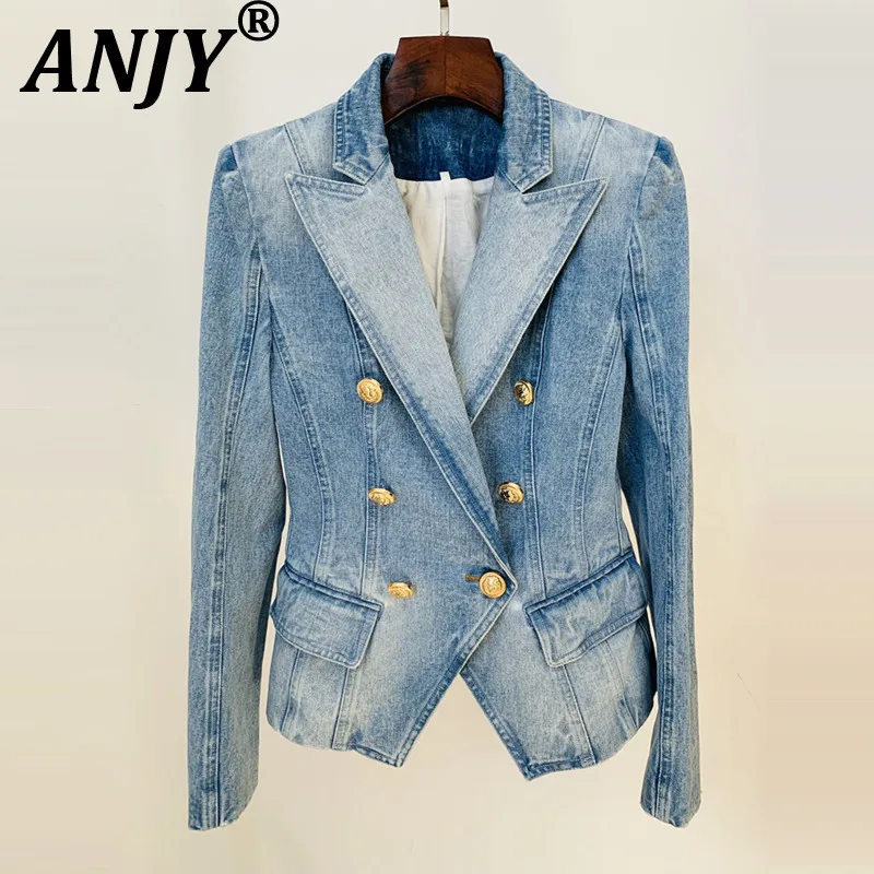 

ANJY Autumn New Women Chic Denim Blazer Double Breasted Pockets Slim Fit Vintage Distressed High Street Elegant Tide Coats A8782
