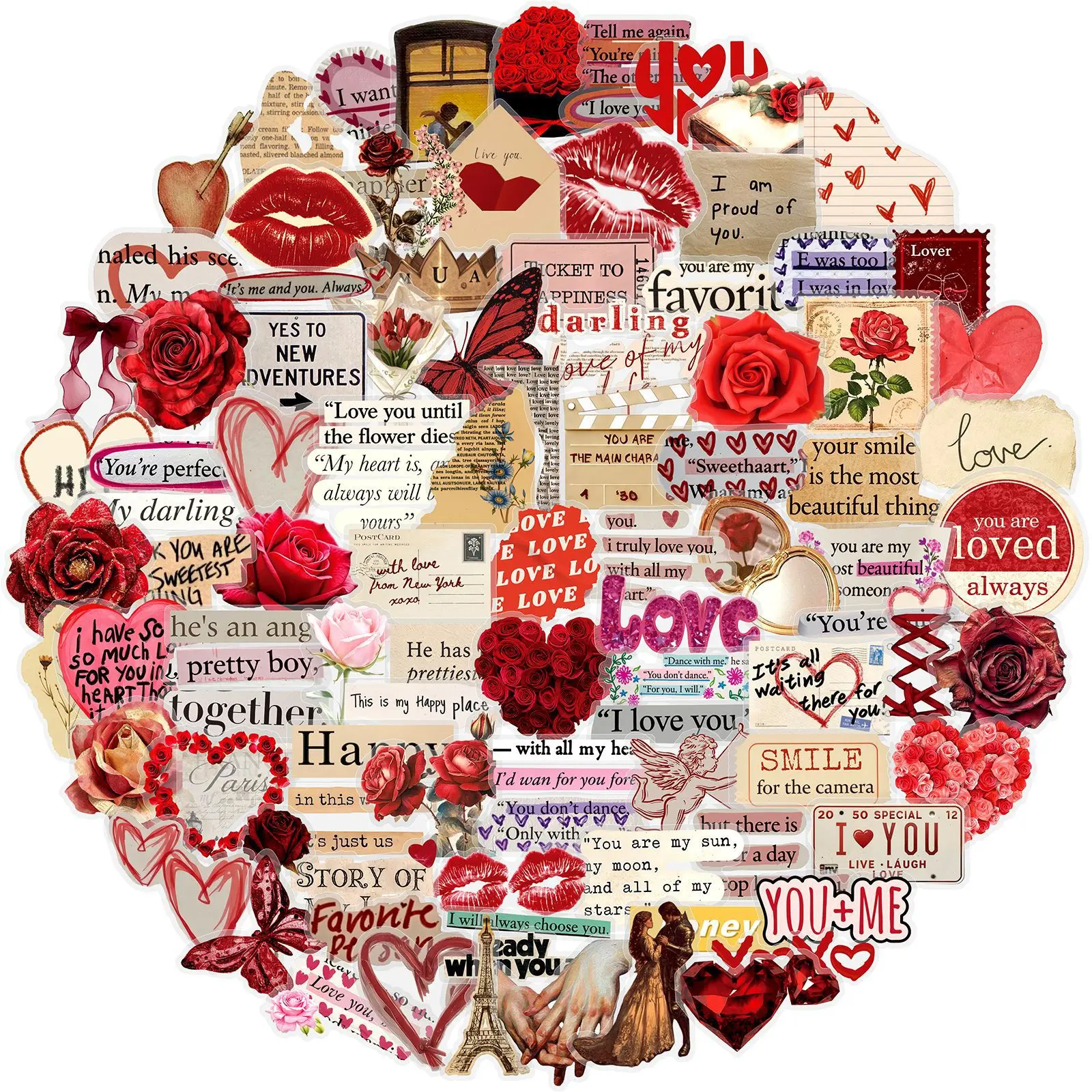 100Pcs Vintage Love Rose Stickers Heart Lip Kiss Quote Ephemera Junk Journal Scrapbooking DIY Album Valentines Decor Supplies