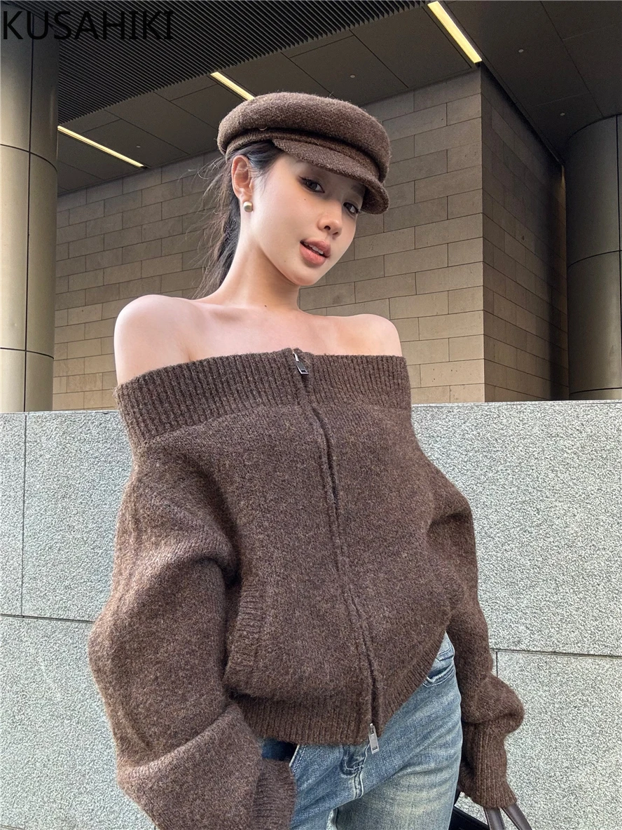 KUSAHIKI Off Shoulder Retro Long Sleeved Knitted Jacket for Women Autumn Winter Sweater Cardigan Short Zipper Knitwear Top