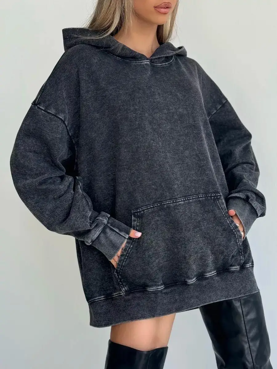 Five Colors Women Vintage Washed Hoodie 100%Cotton Casual Hoody Comfort Loose Hooded Autumn Warm Fleece Tops Hip Hop Cultural