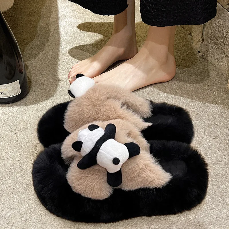 New 7 cm kawaii panda slippers woman high heel warm fur slides shoes women's open toe platform fluffy slippers indoor outdoor