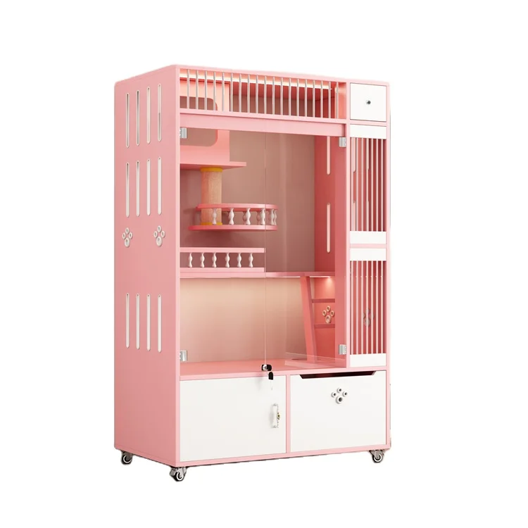 Manufacturer Customized Breeding cat cage with pink floor Wood and Glass Cat Display Cage 6 room extra large tall cat cage