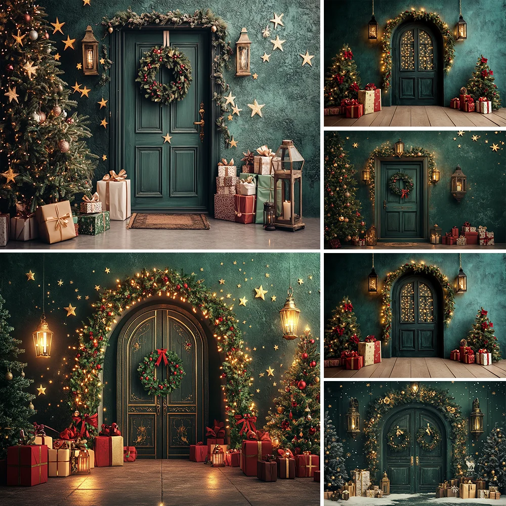 

Christmas Backdrop Photography Retro Green Door Decoration Tree Stand Wedding Background Wallpaper Photobooth