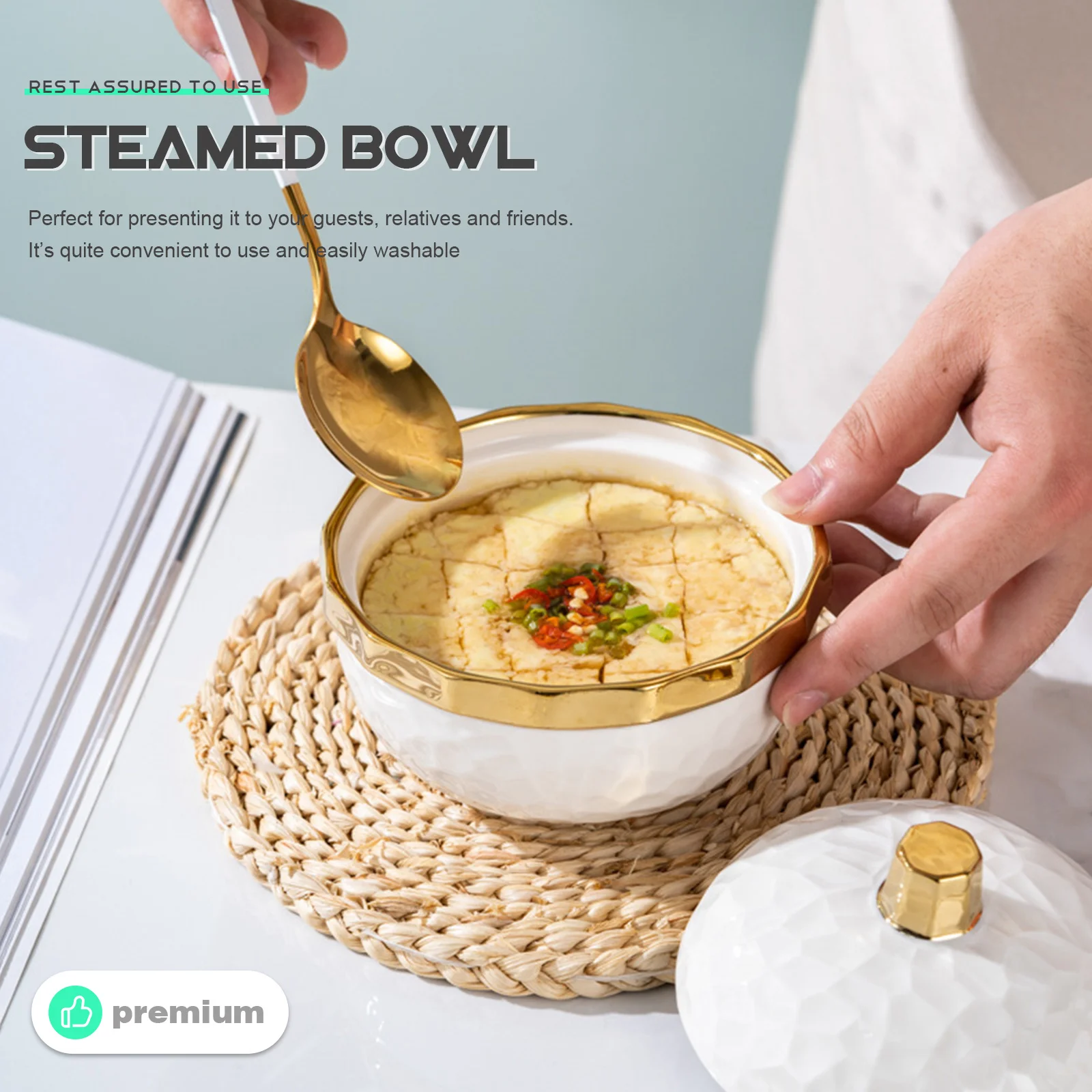 

Nordic Style Gold Rim Ceramic Bowl with Lid Thickened Heat Resistant Soup Stew Dessert Bowl for Steamed Eggs Yogurt Pudding Cake