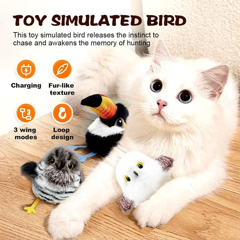 Jouet interactif pour chat en forme d'oiseau qui bat des ailes, avec son réaliste et couineur, rechargeable par USB, activé par le toucher des griffes, en peluche douce, pour la chasse en intérieur