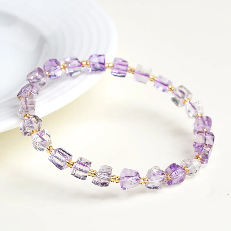Chinese Style Lucky Blessing Natural Amethyst Irregular Square Sugar Beaded Bracelet Feng Shui Good Luck Wealth Purple Crystal