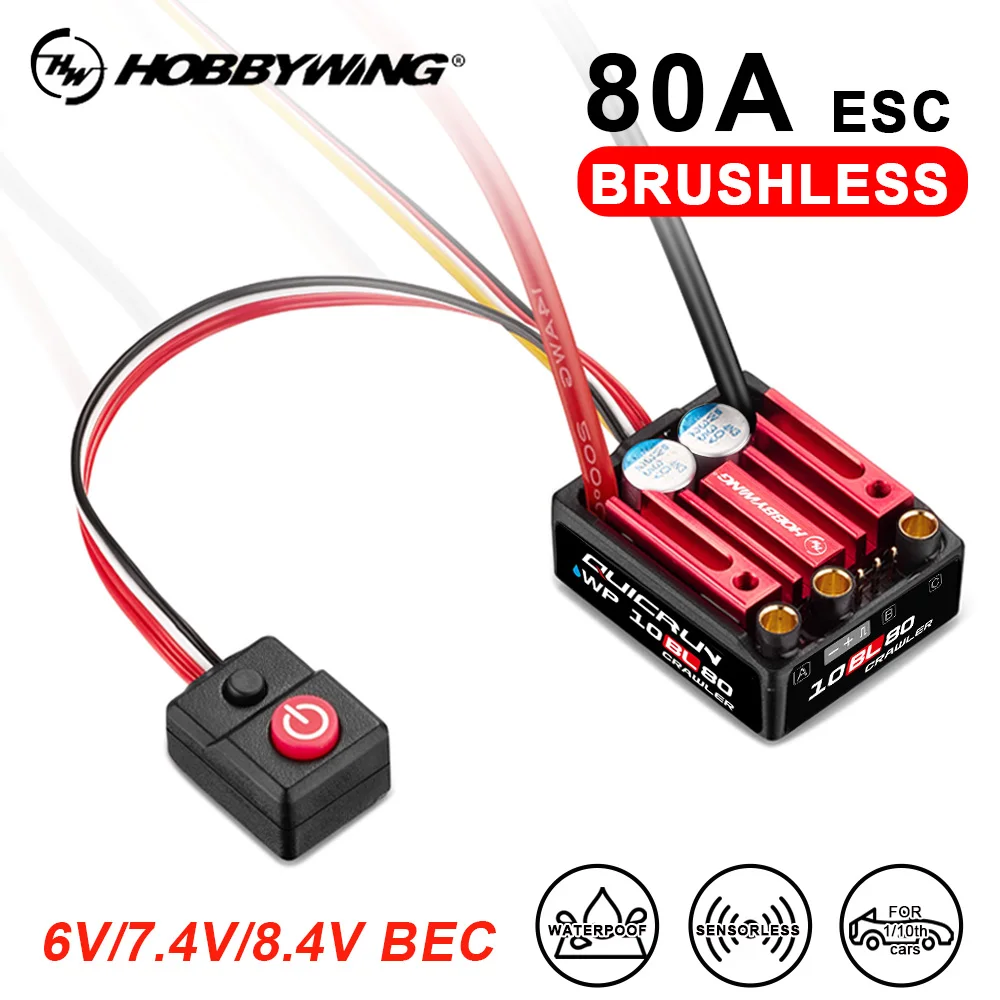 

Hobbywing 80A Brushless ESC Sensorless 2-4S IP67 6V/7.4V/8.4V BEC For RC 1/10 Crawlers Car For 3530SL 540 555 Brushed Motors