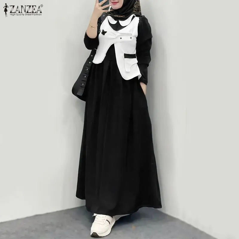 

2026 ZANZEA Women Elegant Lapel Neck Long Sleeve Sundress Patchwork Muslim Abaya Dress Ramadan Robe Casual Kaftan Dubai Vestidos