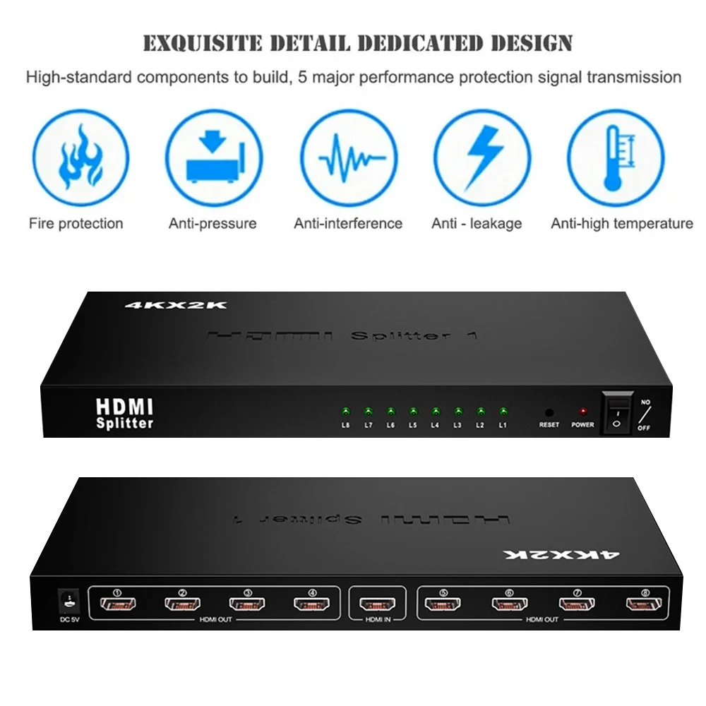 8 portowy Splitter kompatybilny z HDMI 1x8 4K 30Hz rozgałęźnik wideo 1 w 8 Out kompatybilny z HDMI wyświetlacz duplikat dla PC HDTV