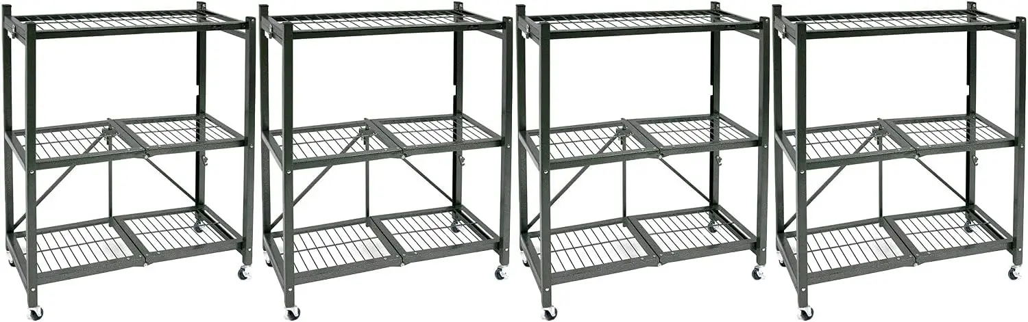 R3 General Purpose Foldable 3-Tiered Shelf Storage Rack With Wheels For Home, Garage, Or Office, Pewter (4 Pack)