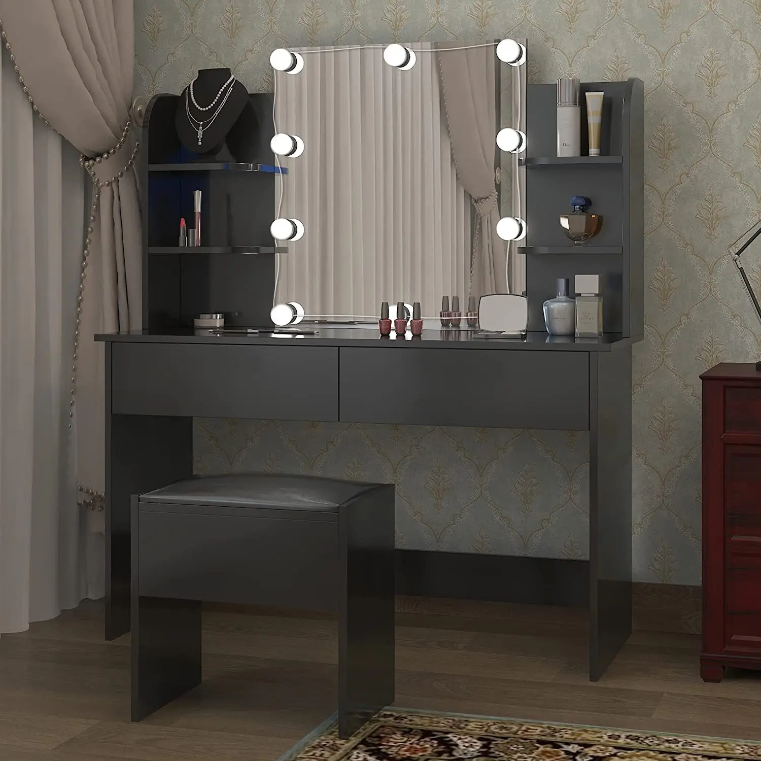 #Moderno Mesa De Maquillaje Con Espejo 2 Cajones Y 3 Compartimentos Tocador Luces LED Con Brillo Ajustable