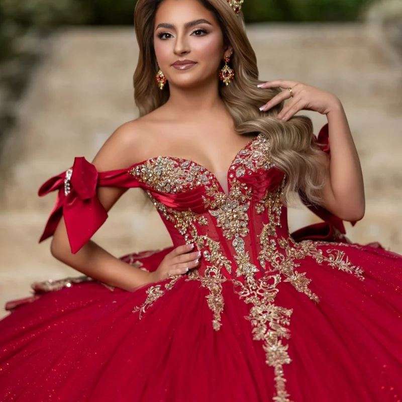 

Red Quinceanera Dresses Off the Shoulder Golden Glitter Flower Decal Ruffle Long tail Bow Vestido De 15 Quinceanera Customize