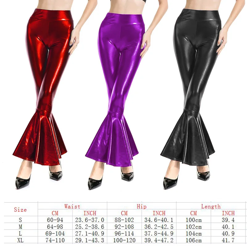 Sexy PU Leather Metallic Pants Shiny Flare Pants Clubwear Stage Performance Women Bodycon Elastic Waist Bell Bottom Trousers