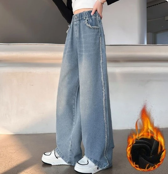 

School Girls Fleece Jeans Winter Loose Straight Denim Pants Elastic Waist Casual Wide Leg Trousers for Kids & Teens 10 12 Years
