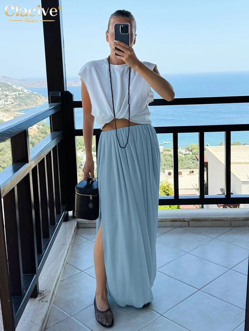 

Clacive Fashion Loose Blue Women's Skirt 2025 Spring High Waist Maxi Skirts Elegant Classic Pleated Solid Skirt Female Clothing