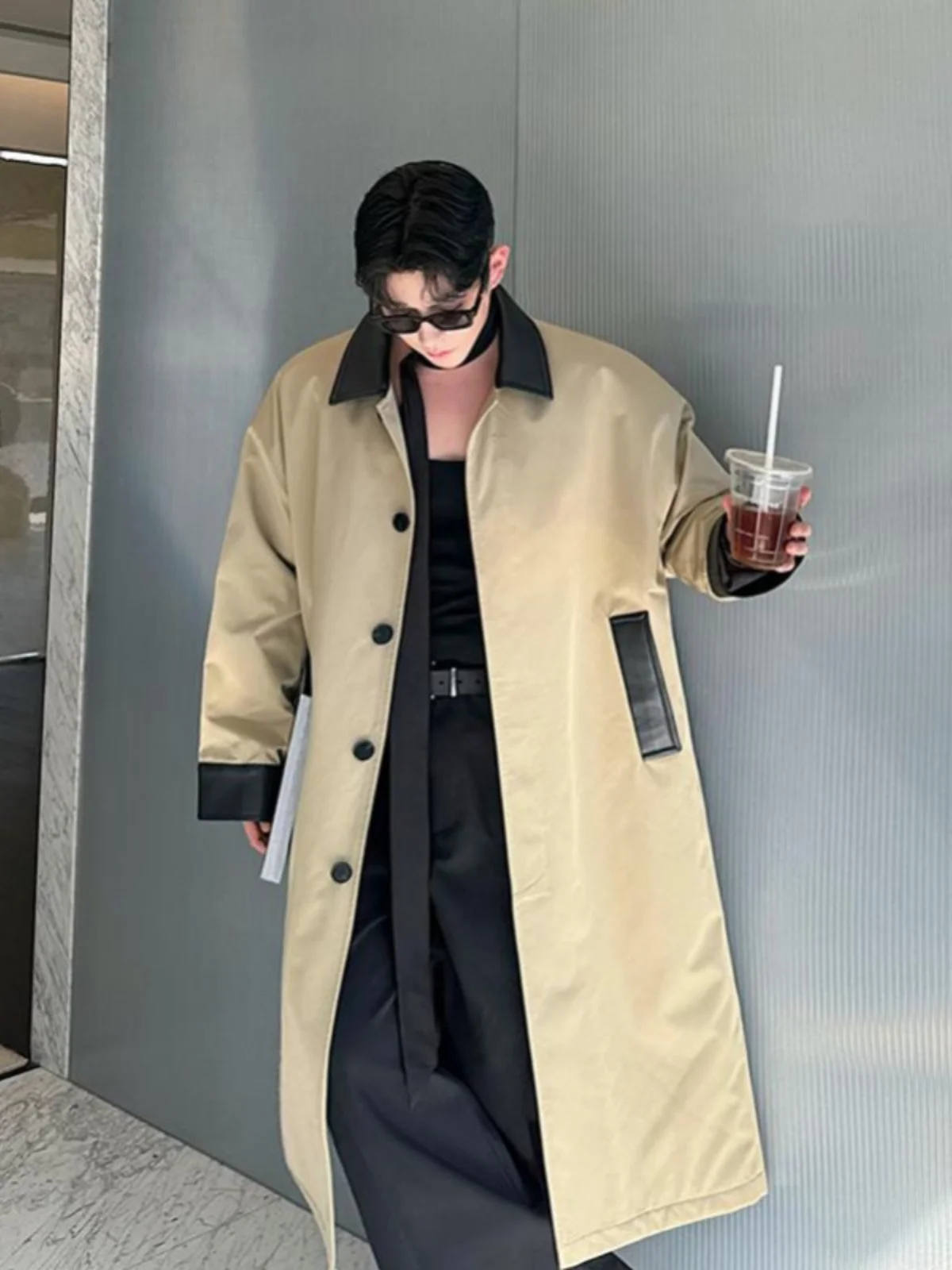 

Khaki Leather Patchwork Men's Mid-Length Thiened Autumn Winter Coat Korean Sle Trendy Cloak Youth Faion Long Sve Coat