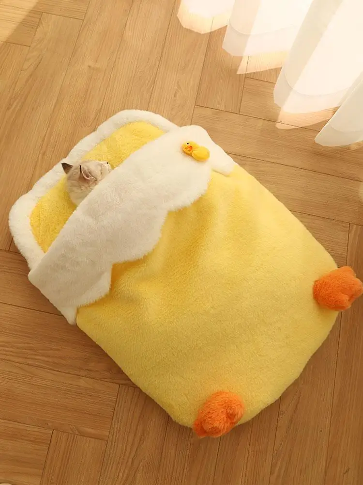 Cute Duck Cat Bed Coral Fleece Yellow Duckling Pet Bed Soft Comfortable Kitten Bed In 2 Sizes