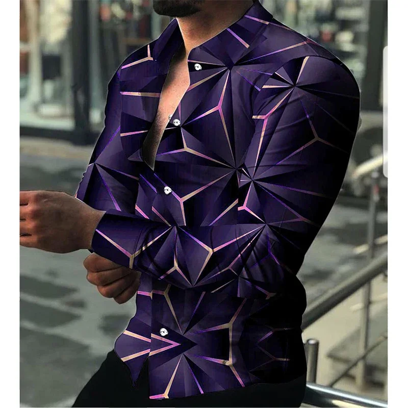 Fashion Luxury Men Shirts Single Breasted Shirt Casual Purple Turbulent Print Long Sleeve Tops Men\'s Clothing Hawaii Cardigan