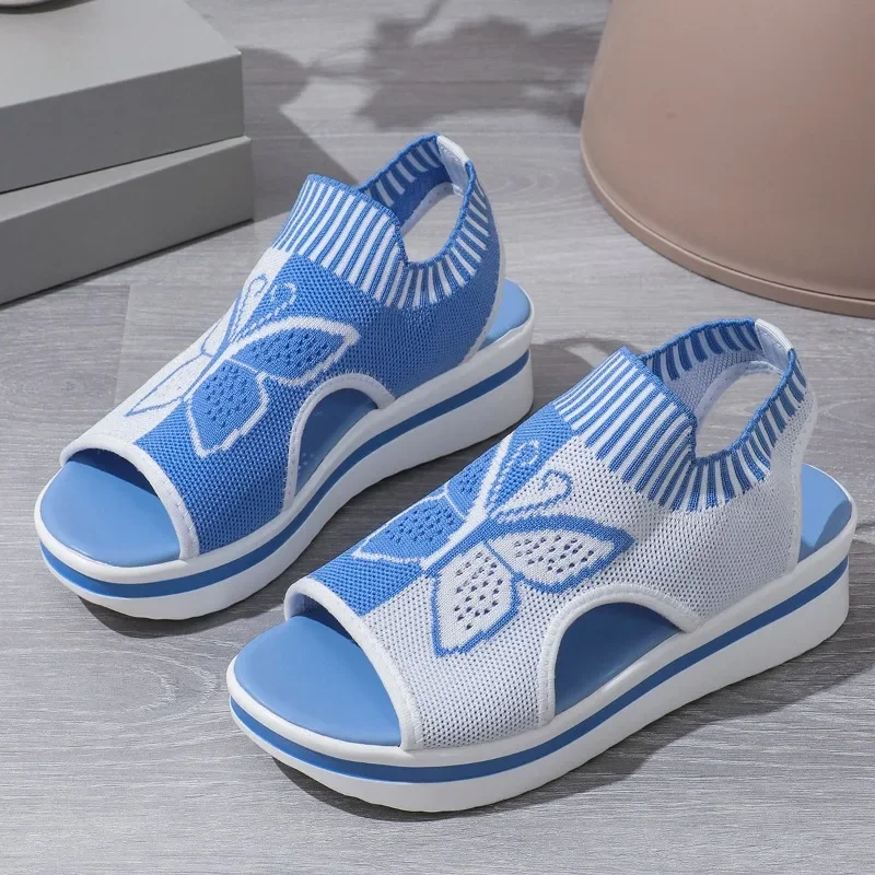 

Plus size women's sandals summer round toe platform sole mesh single shoes casual fashion blue butterfly sandals