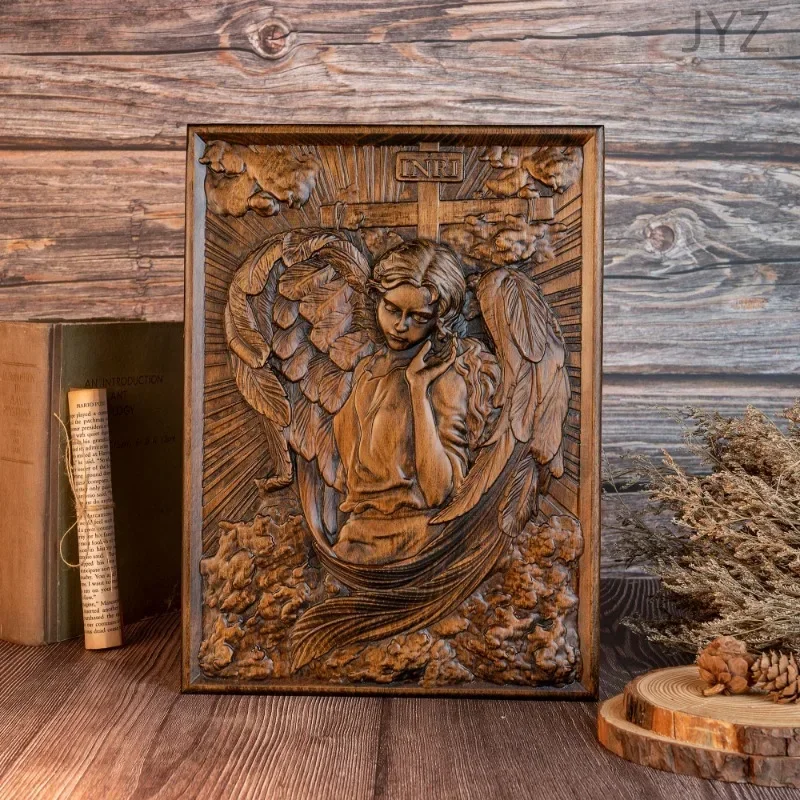 Religious Wooden Carving Icon Archangel Chamuel, Mural Art Figure Living Room Decor