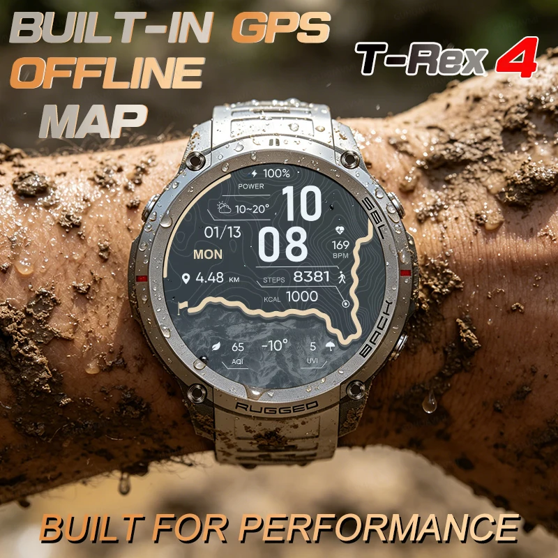 T-Rex 4 Military All-Terrain Accurate Offline Map SmartWatch Built-in GPS Compass Altimeter 5ATM Waterproof Swim Sport Watch Men