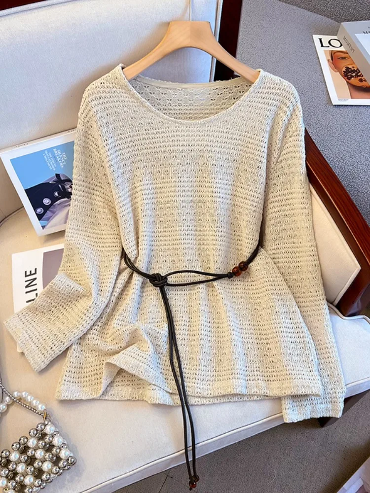 

Elegant Hollow out Long Sleeve Knitted Top Women's Korean Style Summer Loose Fit Sun Protection Cover up Casual Wear
