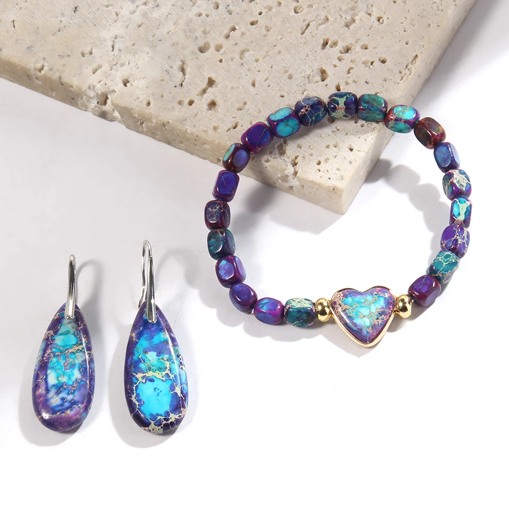 To My Godmother Two-color Love Heart Multi-color Square Emperor Stone Bead Elastic String Bracelet Drop Pendant Earring Set