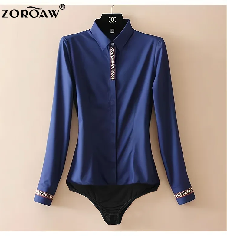 Women's Elegant Chiffon Bodysuits, Slim Suit, Office Lady Work Body Shirts, Long Sleeve Spliced Cuffs, Women's Formal Tops