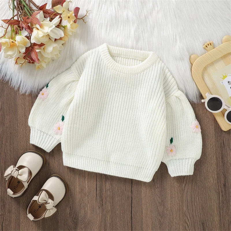 

Toddler Girl Fall Winter Sweater Crew Neck Long Sleeve Flower Pattern Knit Pullovers Tops Child Loose Fit Casual Sweaters