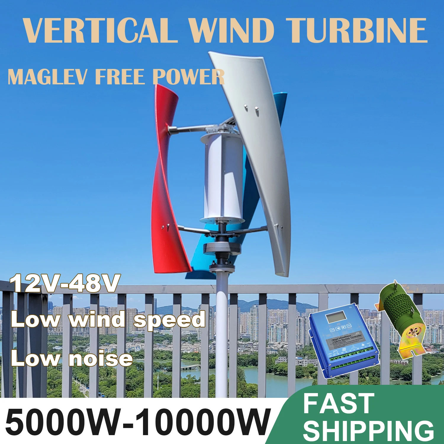 

New Energy Vertical Wind Turbine Windmill Generator 10kw 5kw 6000W 12V/24V/48V Low Noise Speed Start With Hybrid Controller