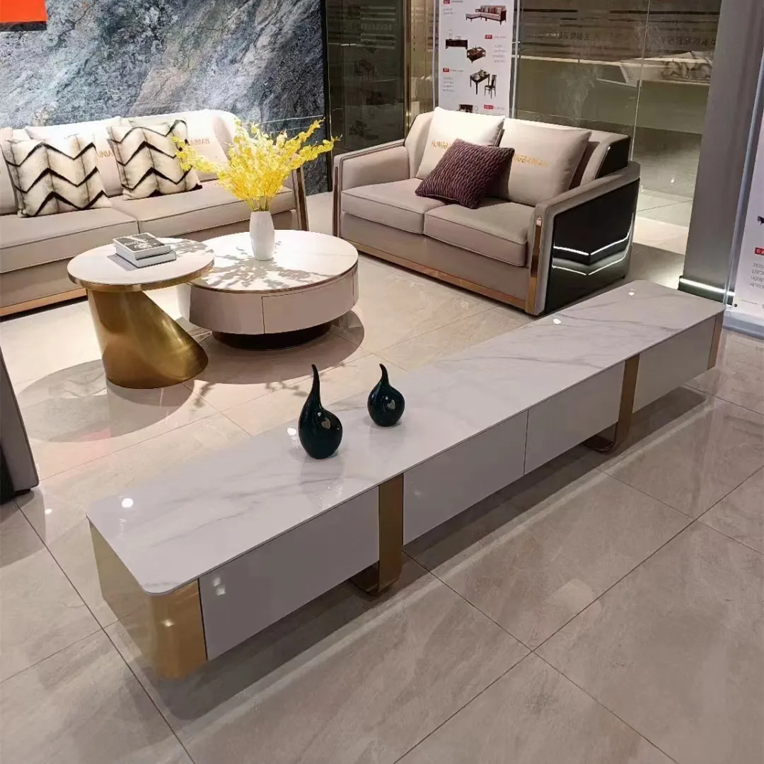 High-grade rock slab light luxury modern small and medium-sized apartment round gold household living room combination coffee ta