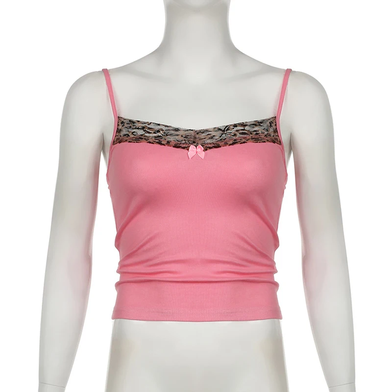 Vintage Leopard Print Stitched Crop Top Women Casual Sleeveless Cute Bow Patchwork Strap Tees y2k Summer Crop Tops Ladies image 6