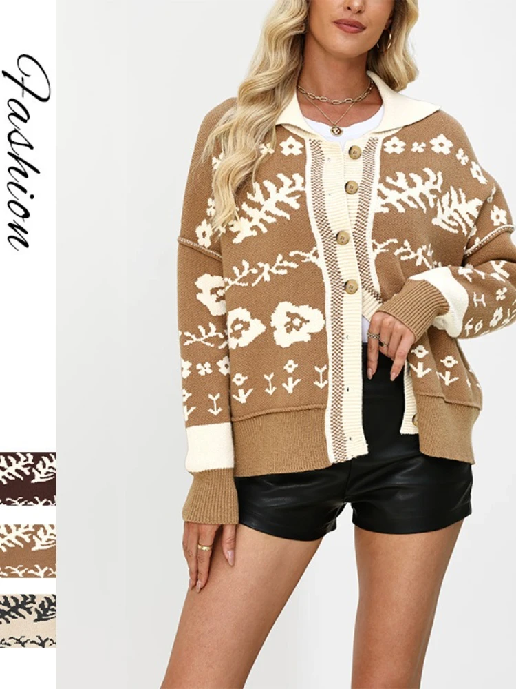 

Floral Print Loose Knitted Cardigan Coat New Autumn Winter Square Collar Button for Women's Cardigan Multi Style Versatile Tops