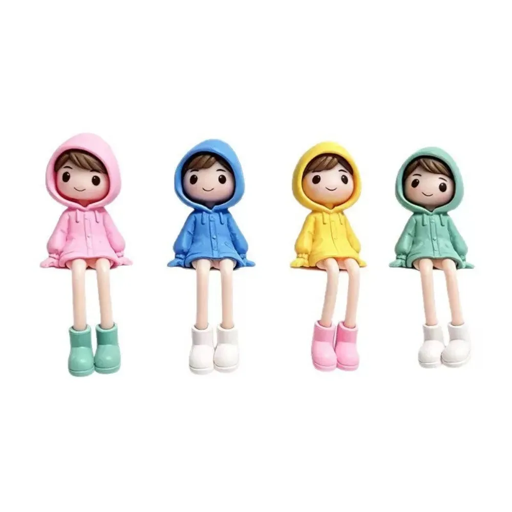 4Pcs PVC Raincoat Figurine Set Long Legged Hand Painted Miniature Hoodie Girl Figure DIY Craft Rain Boots