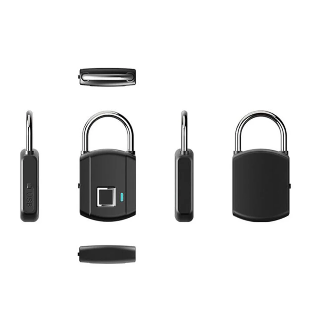 

Fingerprint Padlock USB Rechargeable Black Household Smart Waterproof Keyless Lock for Suitcase Backpack Door Office