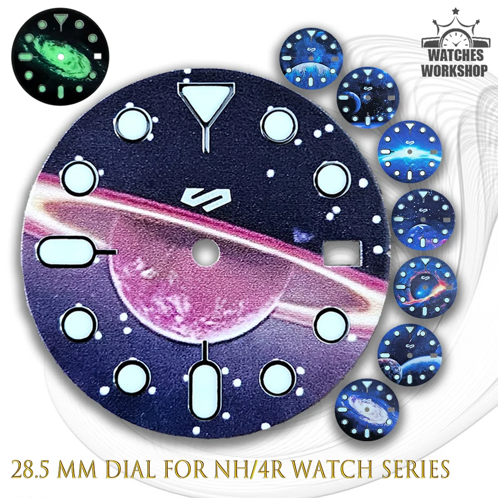 28.5mm Galaxy Space NH35 Watch Dial Green Luminous Index Fit NH35 NH36 4R36 Mechanical Watch Mod Accessories