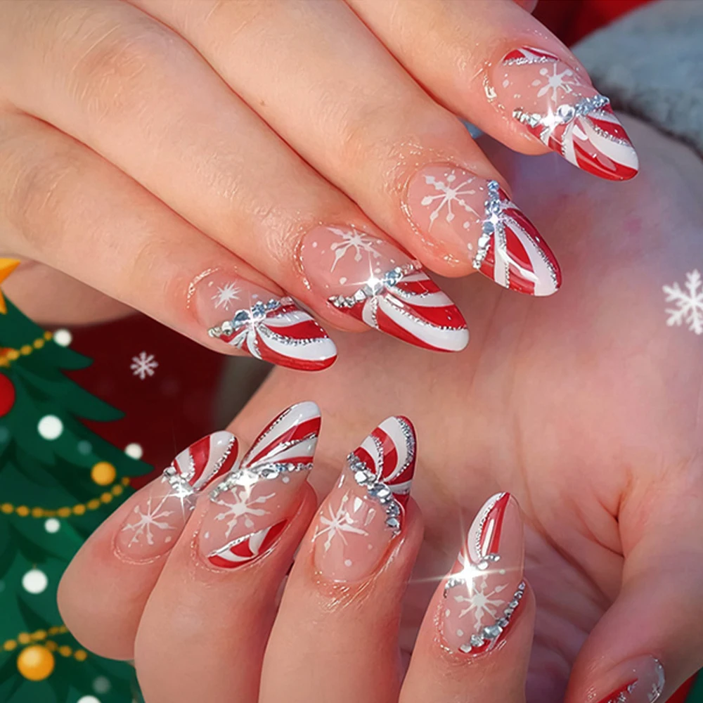 24PCS Christmas False Nails Red White Stripes Snowflake Cane Pattern French Fake Nails Shiny Gem Manicure Wearable Press on Nail