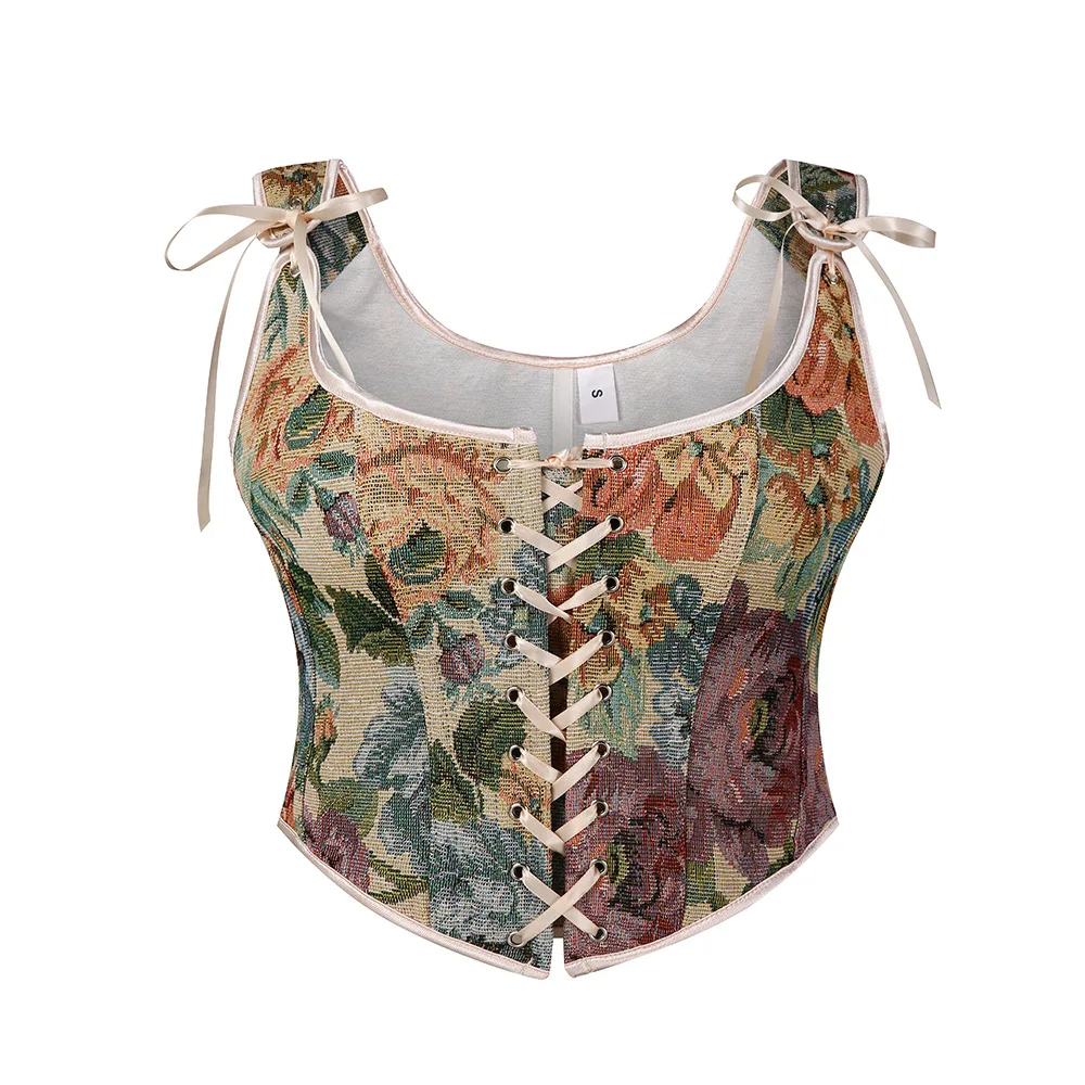 

Women Floral Corset Sexy Gothic Bustier Vintage Lace Up Tank Top Camisole Sleeveless Overbust Slim Corsets Tops Waist Shaper