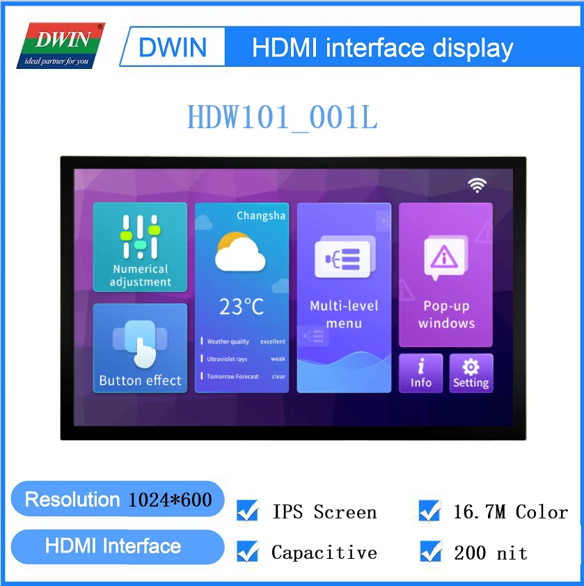 DWIN-HDMI Tela IPS capacitiva do painel de toque, suporta Windows, framboesa, Linux, Android, HDW101 _ 001L, 10.1 ", 200 500nit, 1024x600