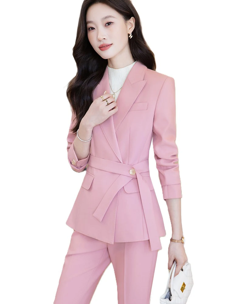 

Fashion Women's Pant Suit Office Ladies Work 2 Piece Set Navy Pink Khaki Female Blazer Jacket And Trouser