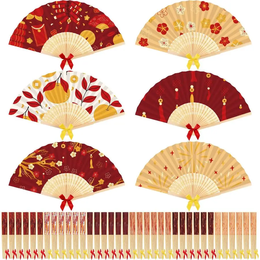 

36 шт. Китайские новогодние украшения Китайские веера Складные веера оптом 2026 Лунные новогодние украшения для вечеринок Ручной веер для свадьбы Sp