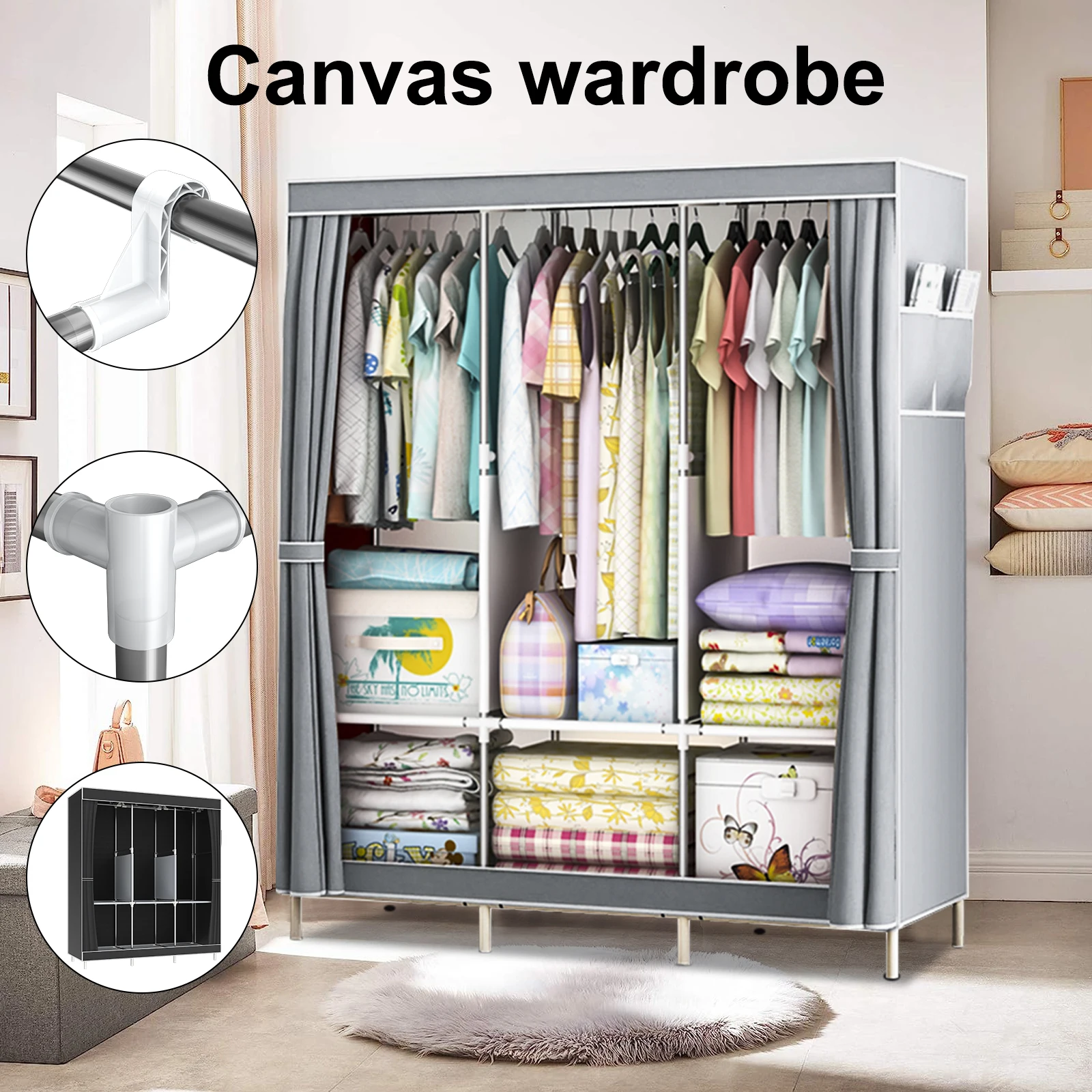 Canvas Wardrobe, Pop up Fabric Wardrobes with 3 large hanging areas, 6 stacking compartments and storage underneath,125*45*170