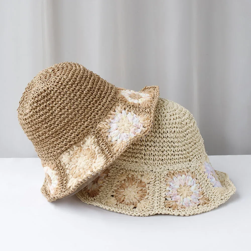 New Women Sun Hat Lace Flower Wide Large Brim Beach Hats Womens Summer Straw Hat Foldable Chapeau Femme UV Protection Cap